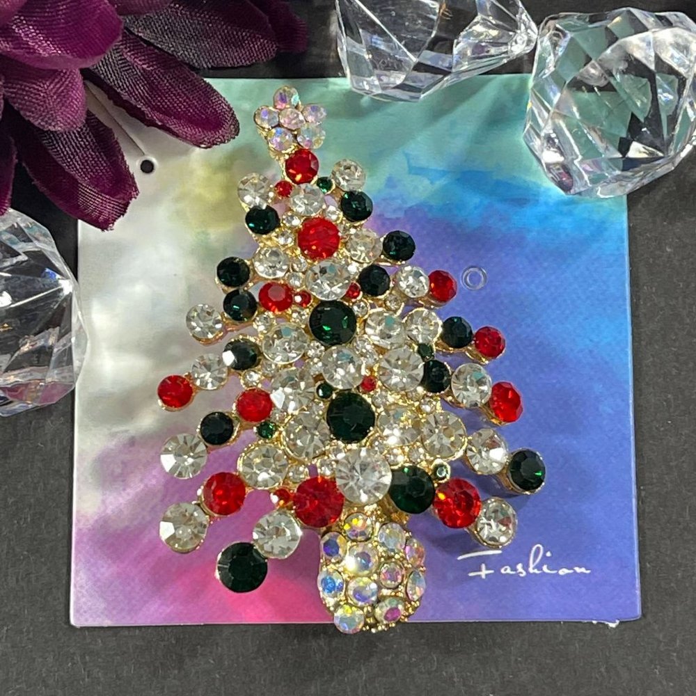 Red and Green Crystal Christmas Tree Brooch